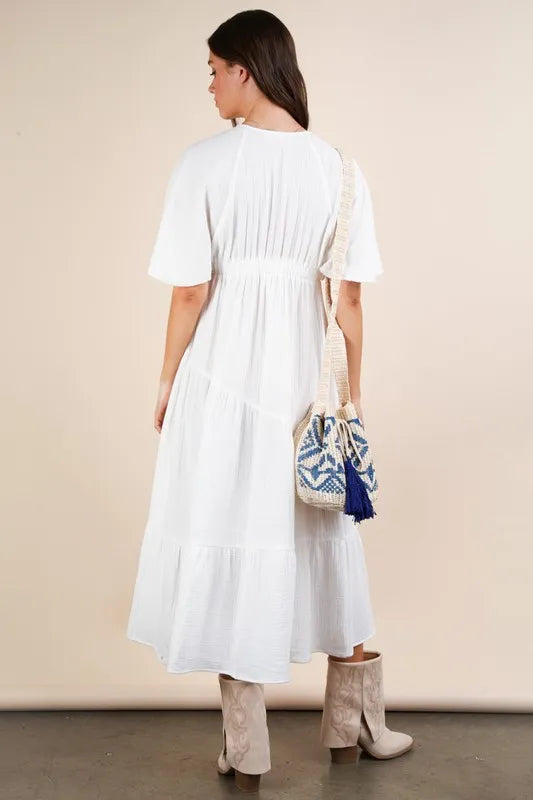 Mineral Washed Elastic Neck Detail Midi Dress on model