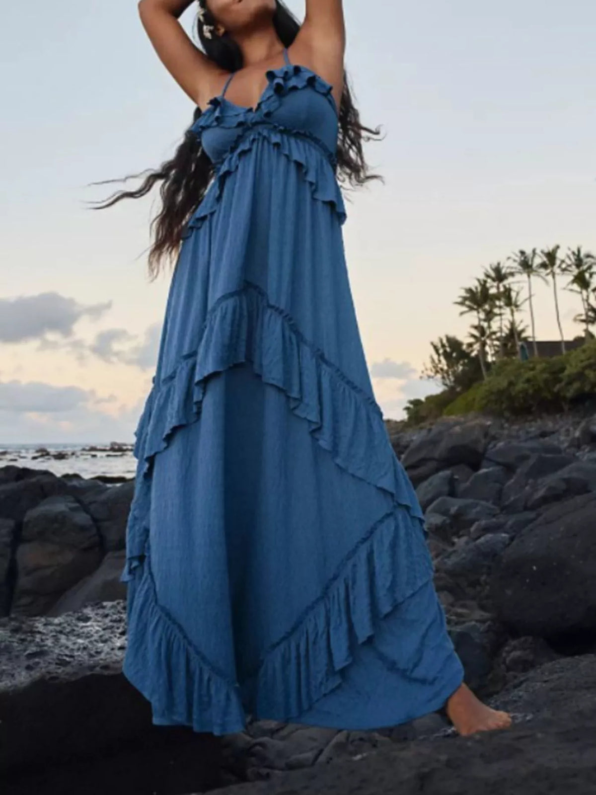 Ruffled tie halter neck maxi dress detail view