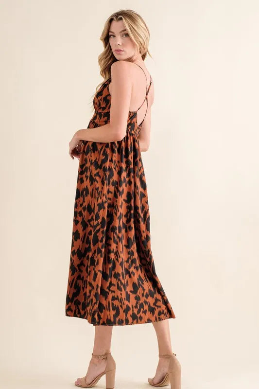 Leopard print plunge maxi dress in brown back view