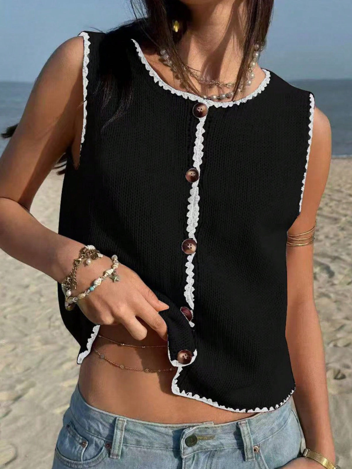 Cropped Button Down Sweater Vest, view 7
