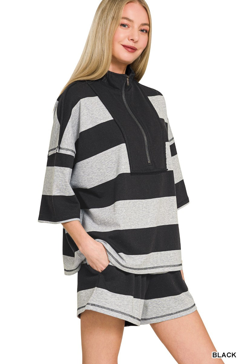Striped half zip pullover detail
