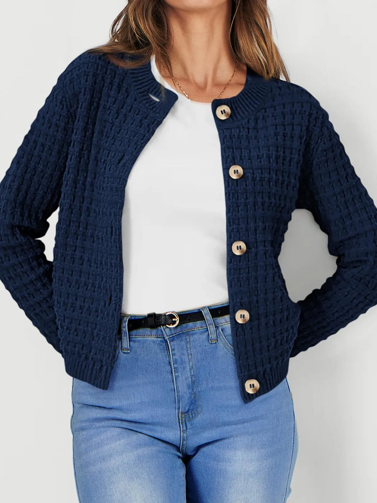 Textured knit button front cardigan, layered outfit view