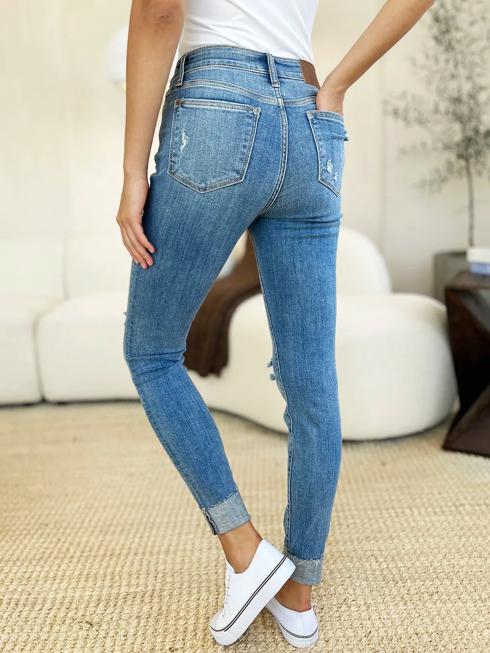 Judy Blue Mid Rise Distressed and Cuff Skinny Jeans view 10