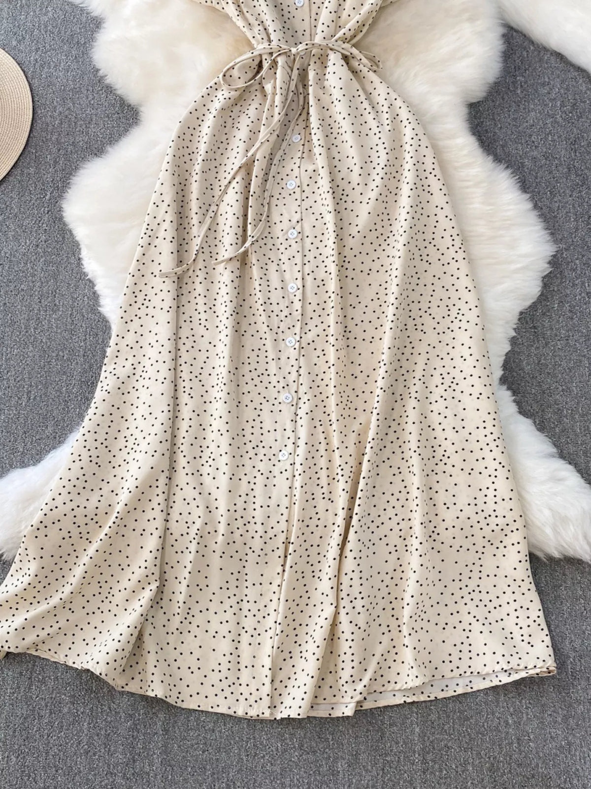 Apricot polka dot belted maxi dress back view