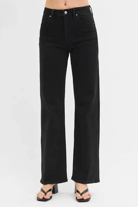 RISEN black high rise wide leg jeans front view
