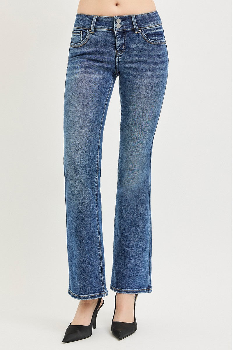 RISEN low rise bootcut jeans in medium blue wash front view