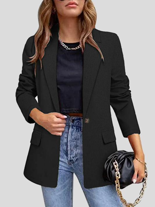 Lapel Collar Long Sleeve Blazer Black - Fashorio