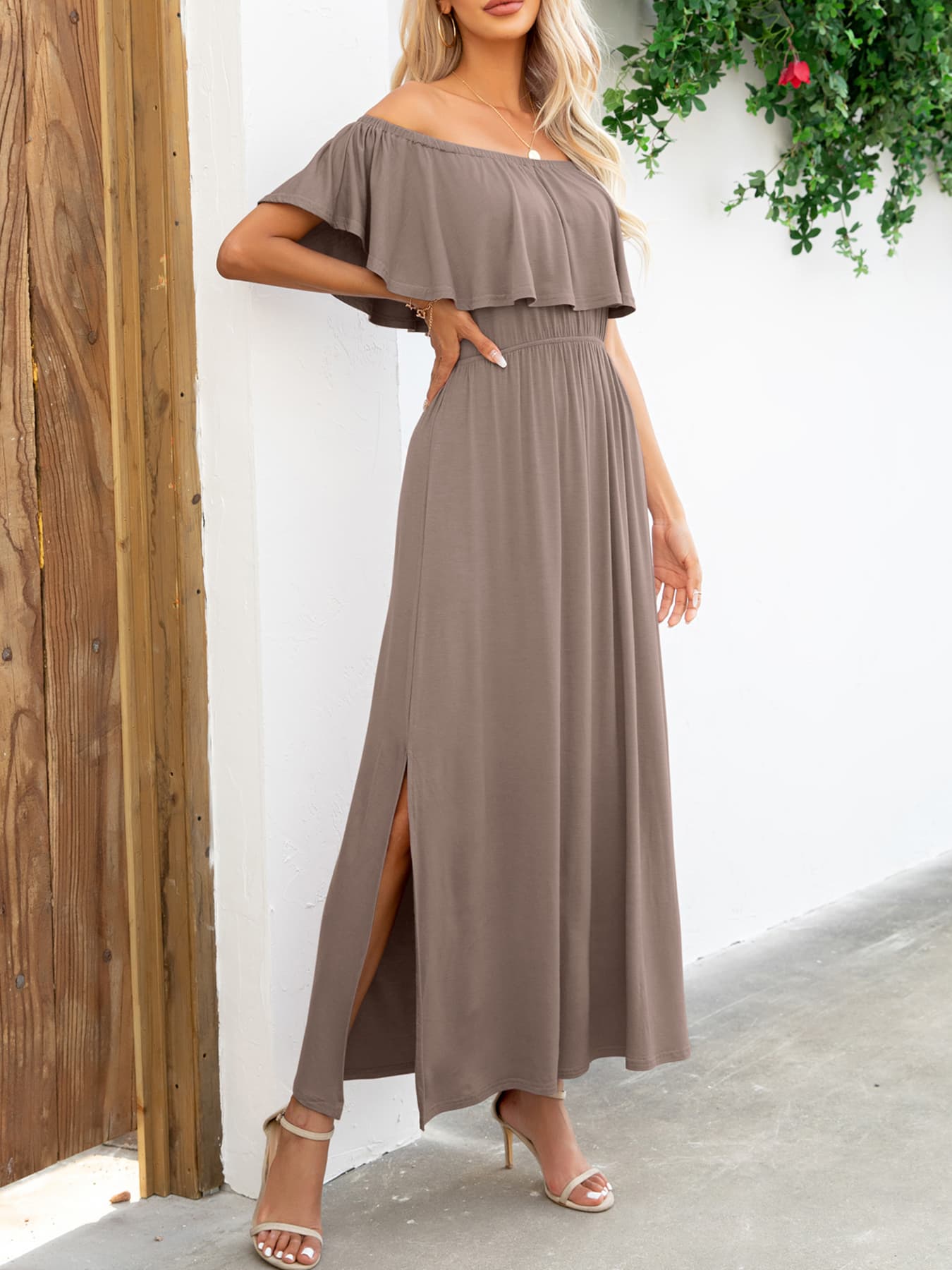 Off-Shoulder Slit Maxi Dress - Fashorio