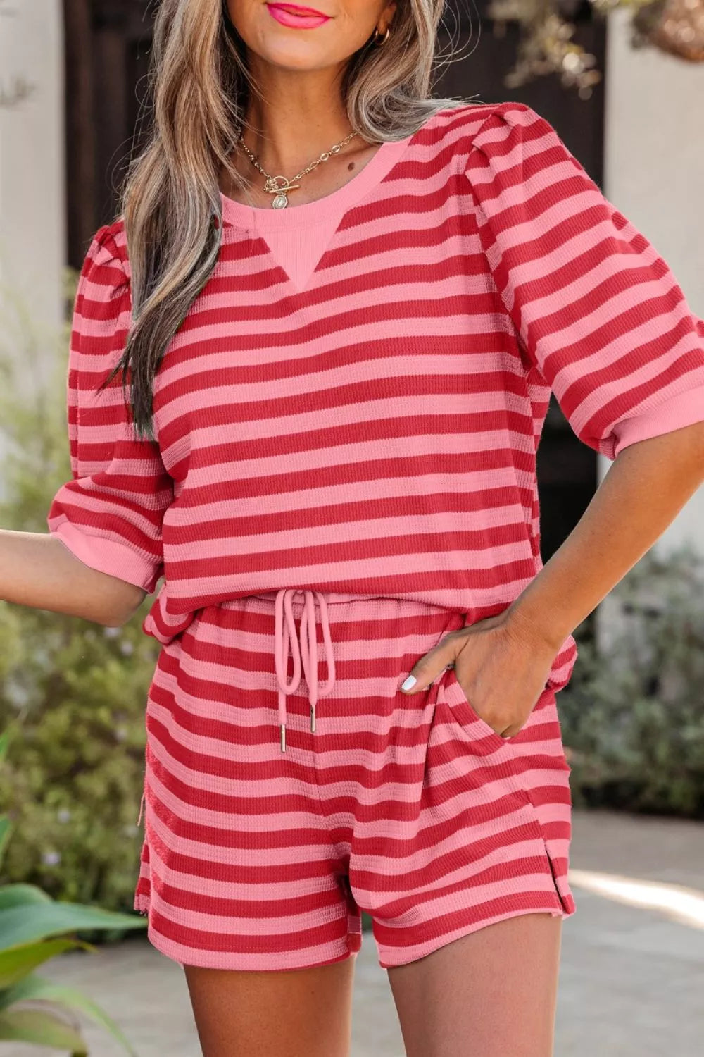 Round neck striped top detail from matching set