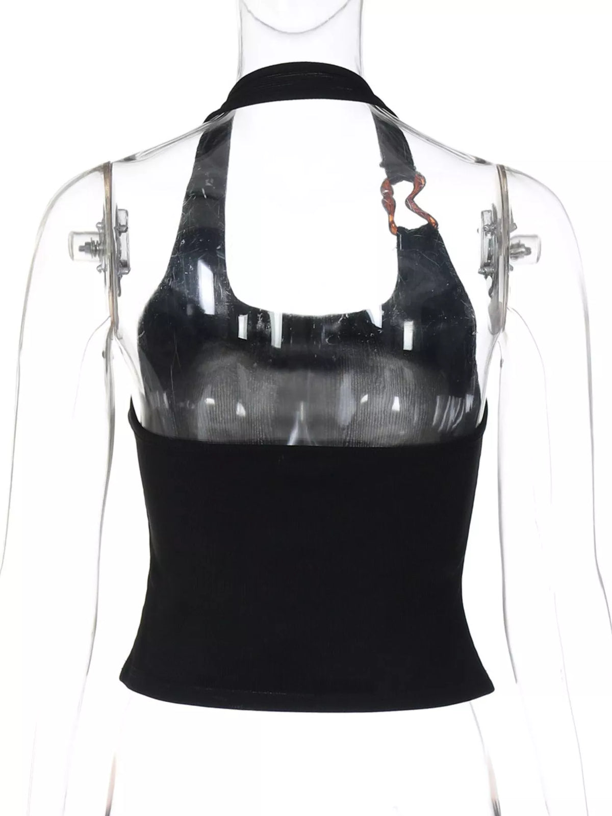 Black ribbed halter tank styled on model, side angle