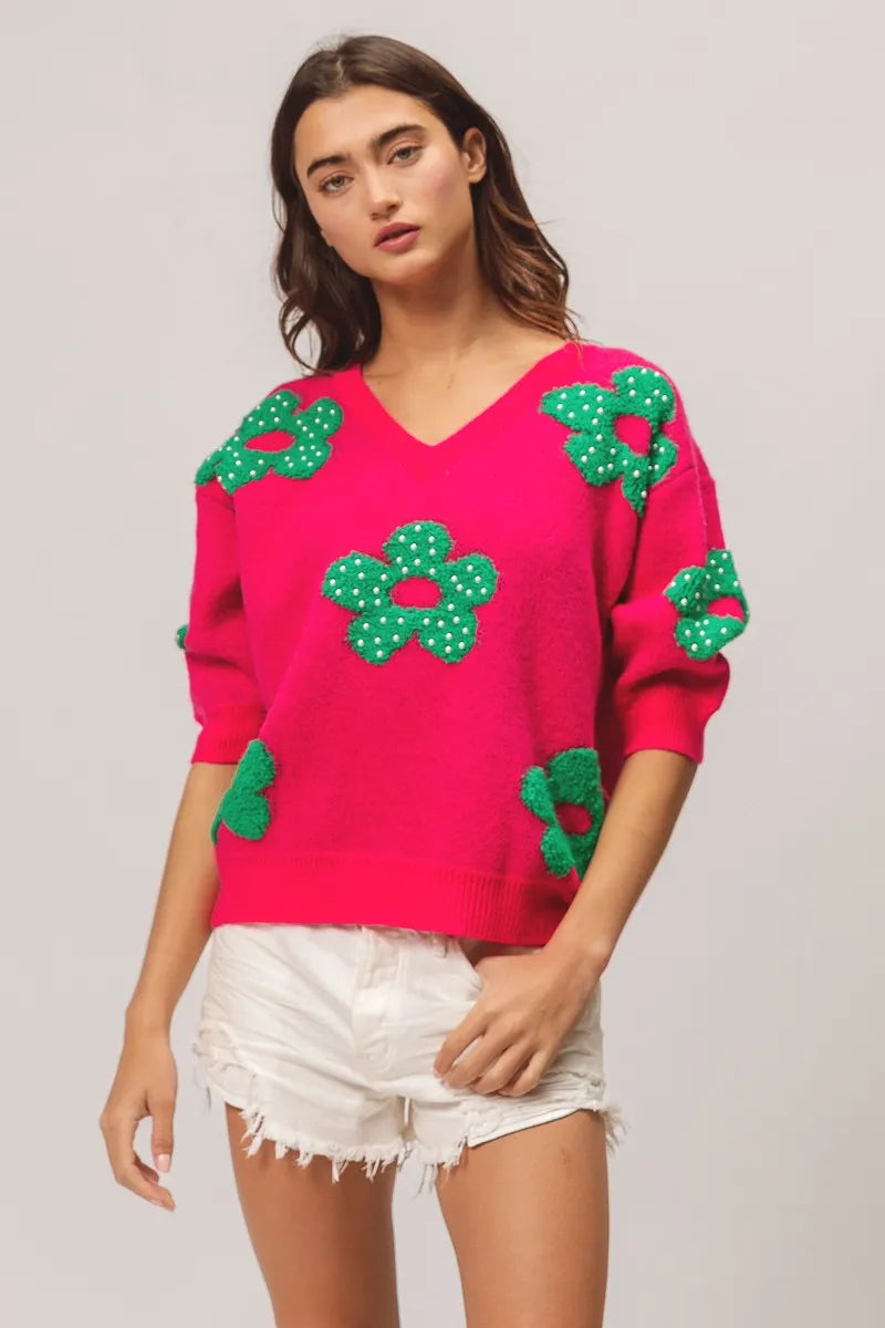 BiBi Pearl Beads Flowers Sweater Top - Fashorio