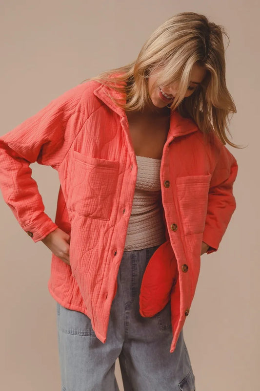 BiBi Quilted Gauze Shacket – Oversized Buttoned Long Sleeve CORAL - Fashorio