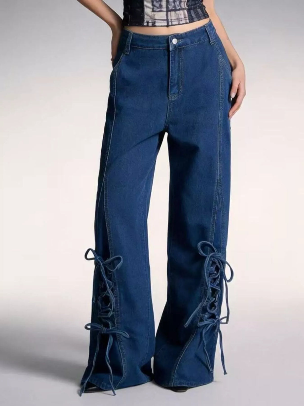 Dark blue denim styled with casual top