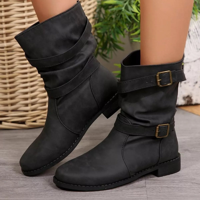Buckled low heel boots side profile