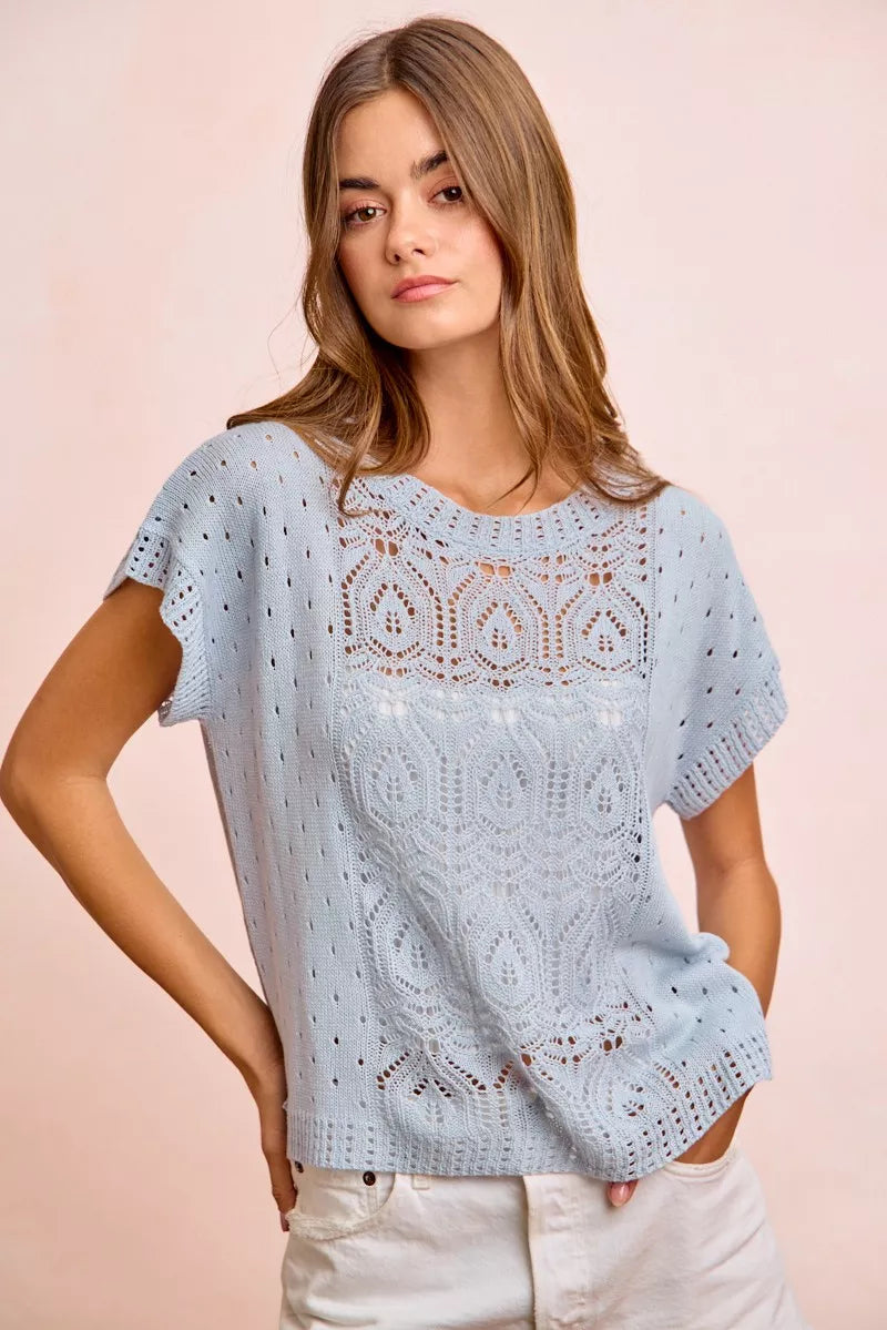 Washed ice blue eyelet short sleeve knit top front view
