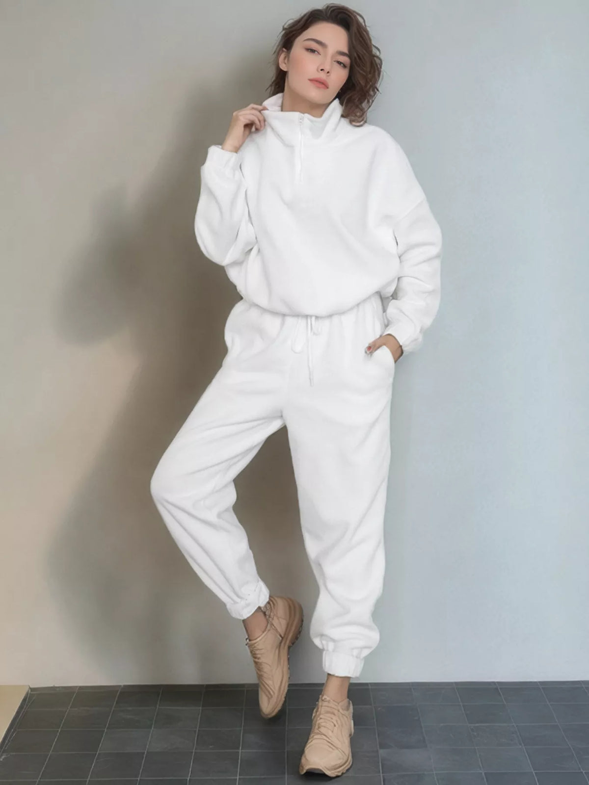 Quarter zip sweatshirt and pants lounge set front view
