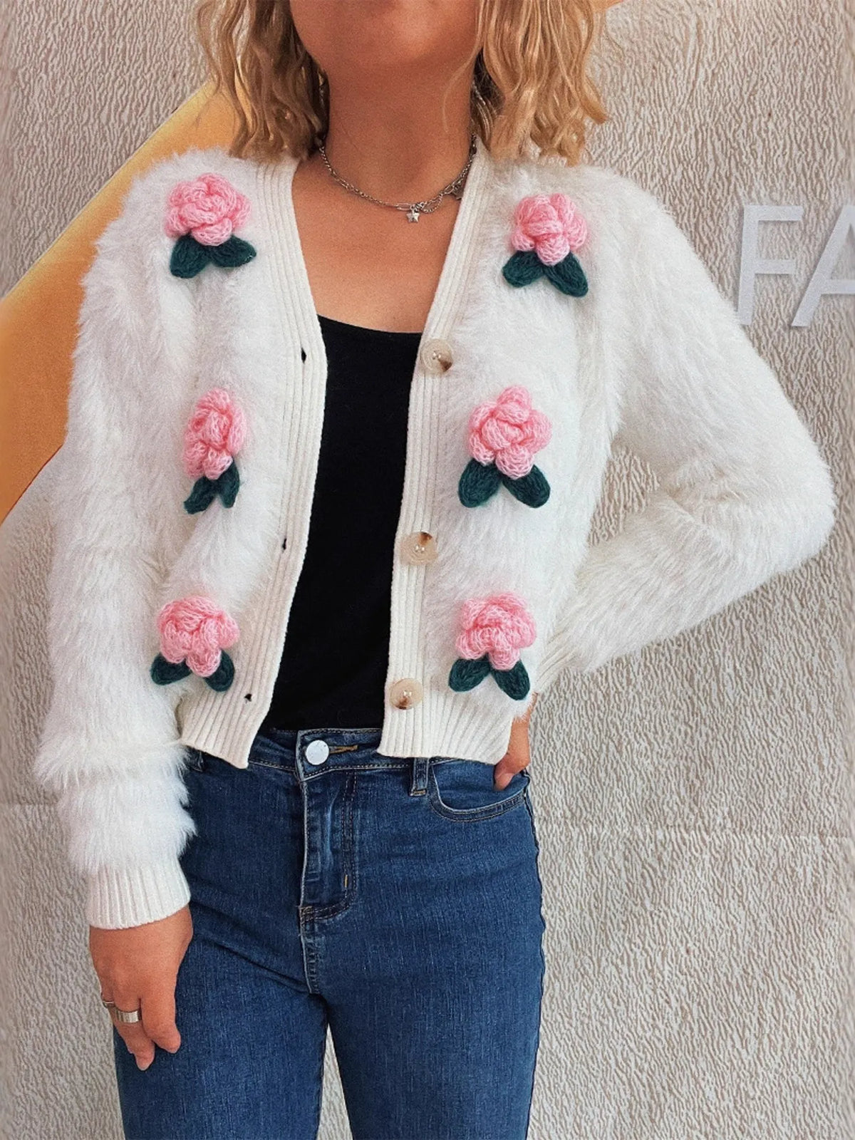 Fuzzy cardigan side styling view