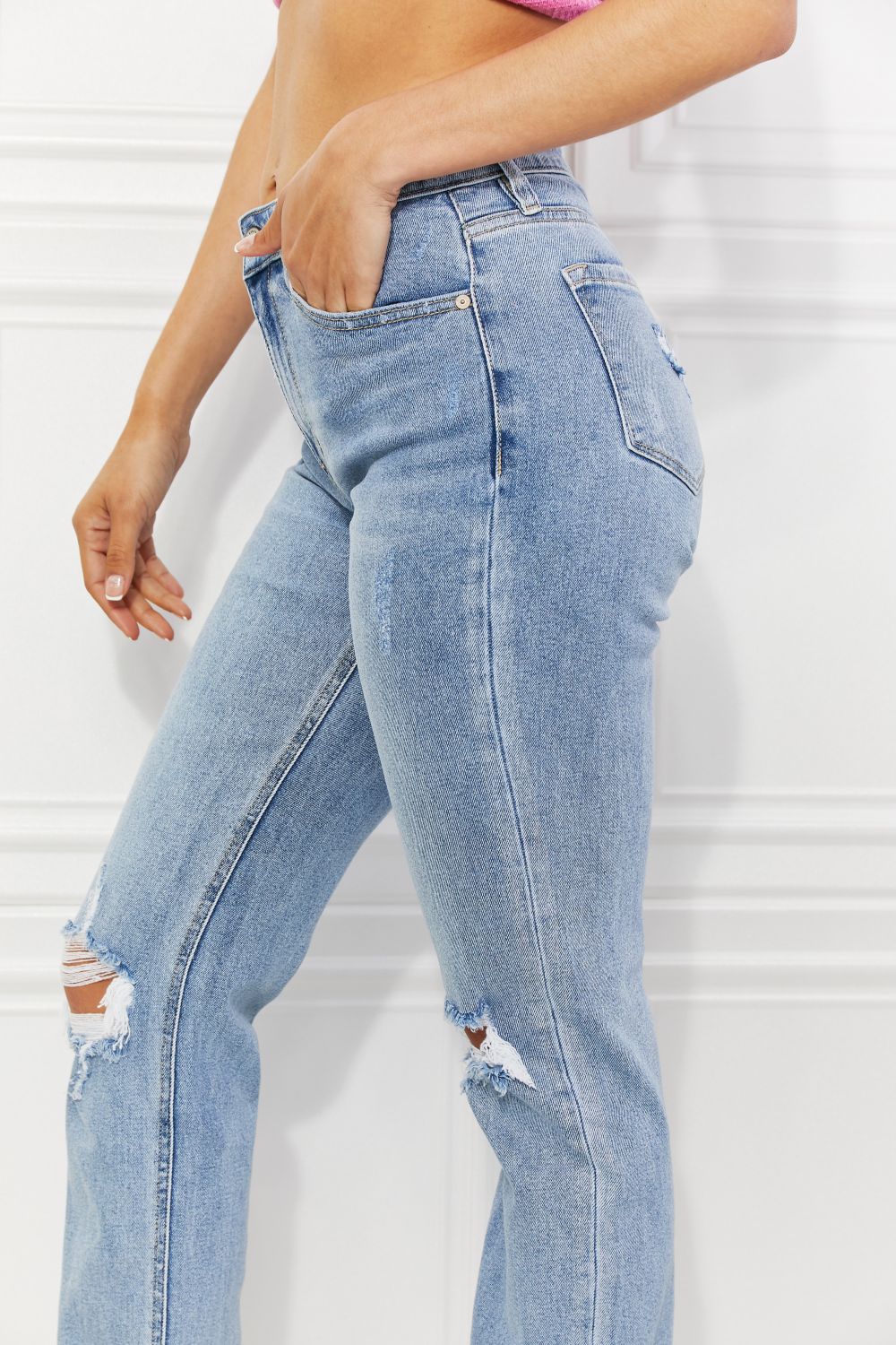 Kancan High Rise Distressed Slim Straight Jeans – Light Wash Denim - Fashorio