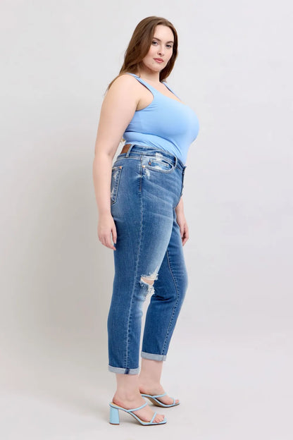 Judy Blue Full Size Button Fly Distressed Jeans with Pockets Plus Size - Fashorio