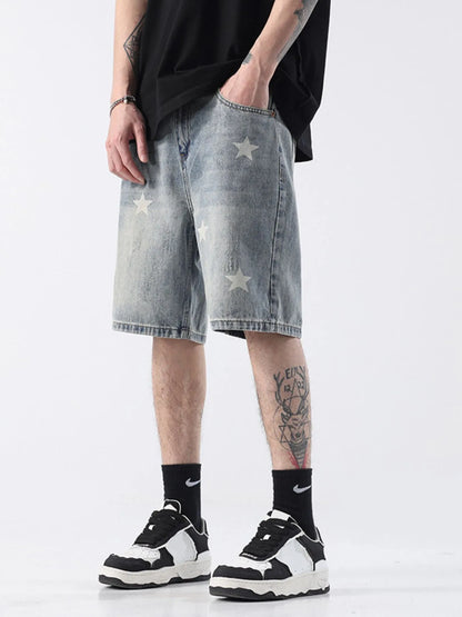 Men's Distressed Star Print Denim Shorts - Fashorio