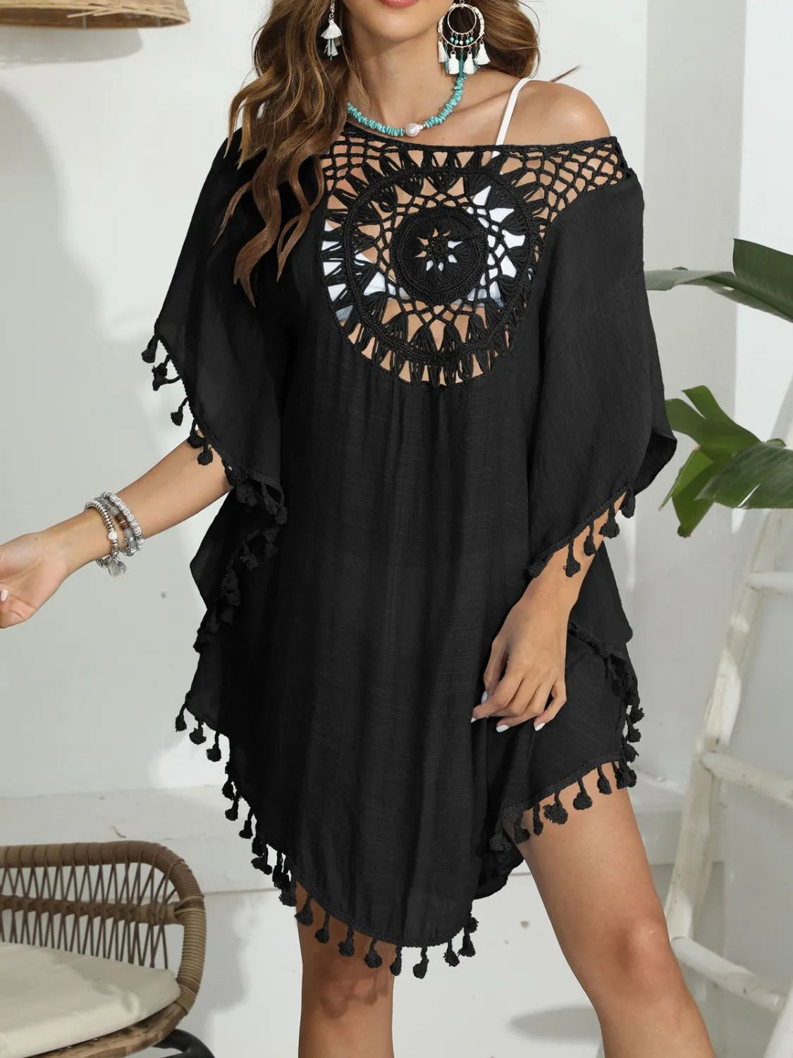 Tassel Crochet Round Neck Cover-Up Black One Size - Fashorio