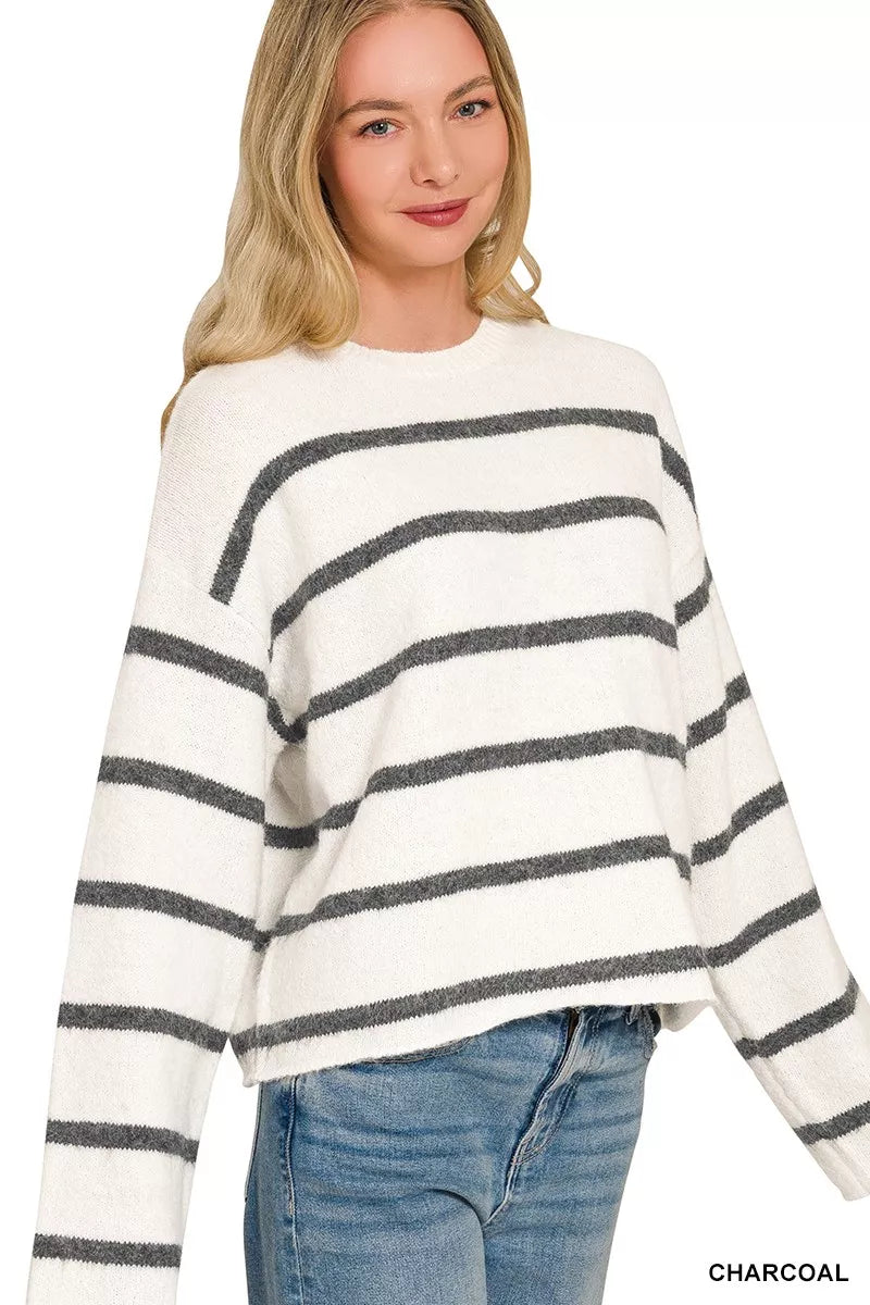 Charcoal wool blend striped sweater front view