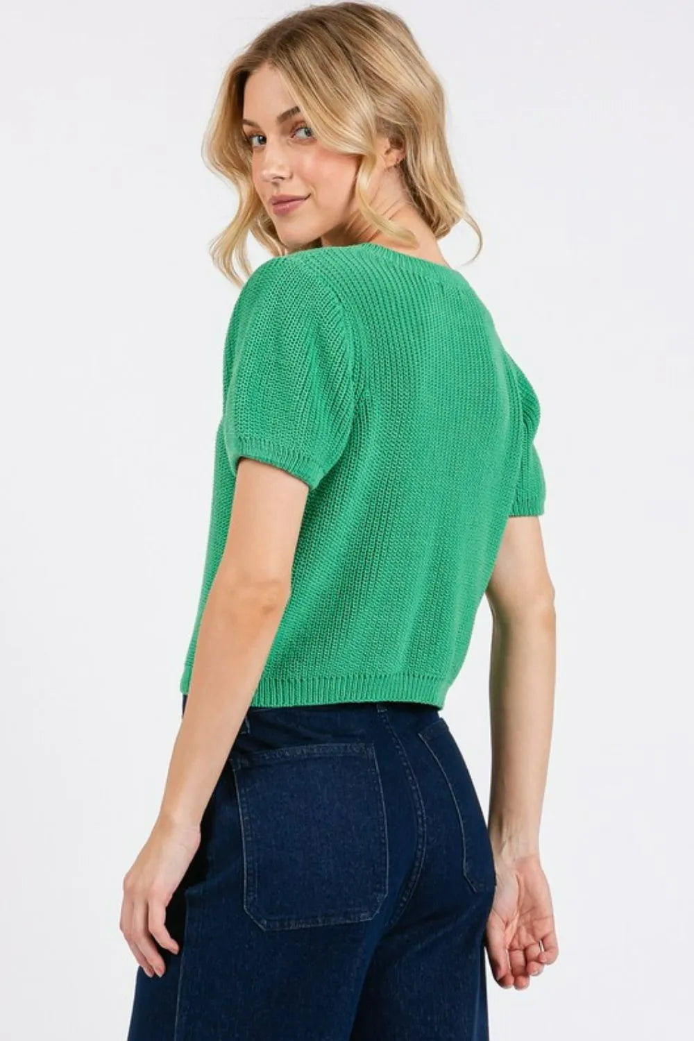 V Neck Short Sleeve Cropped Sweater in Jade Green back view