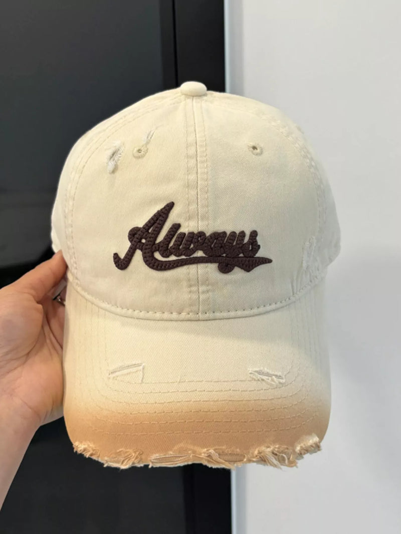 Beige distressed embroidered cotton baseball cap