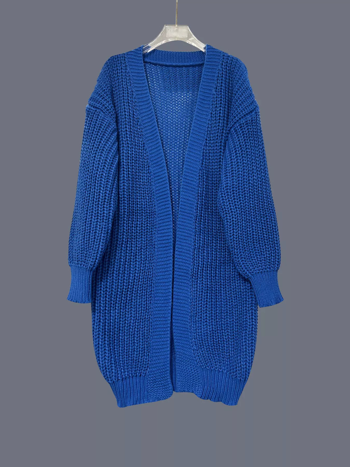 Chunky knit open front cardigan, side profile view