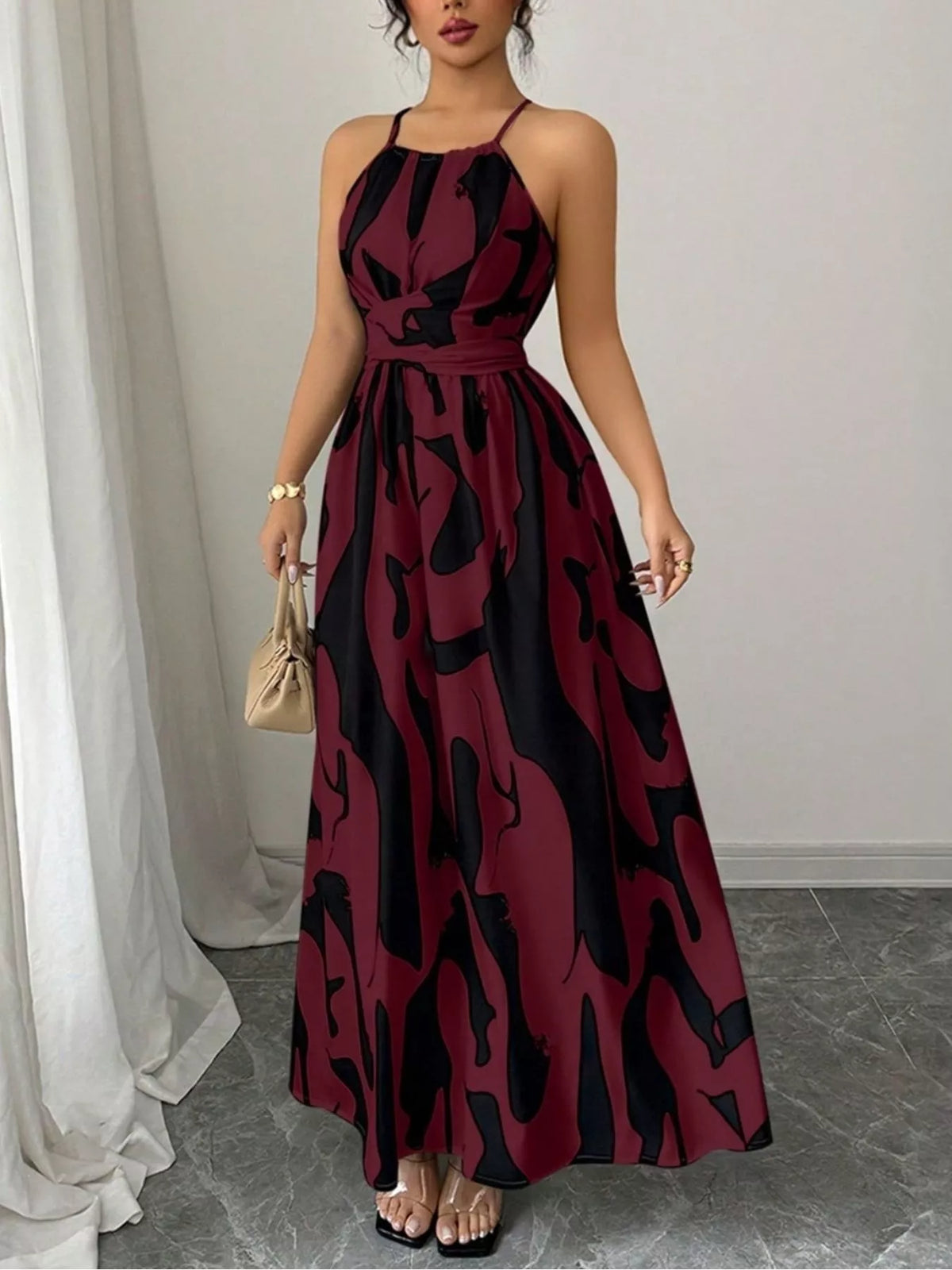 Abstract print halter neck maxi dress full length view