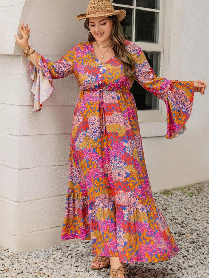 Printed V neck long sleeve maxi dress front view