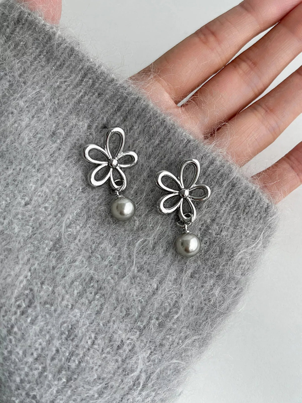 Pearl Flower Drop Earrings styled detail