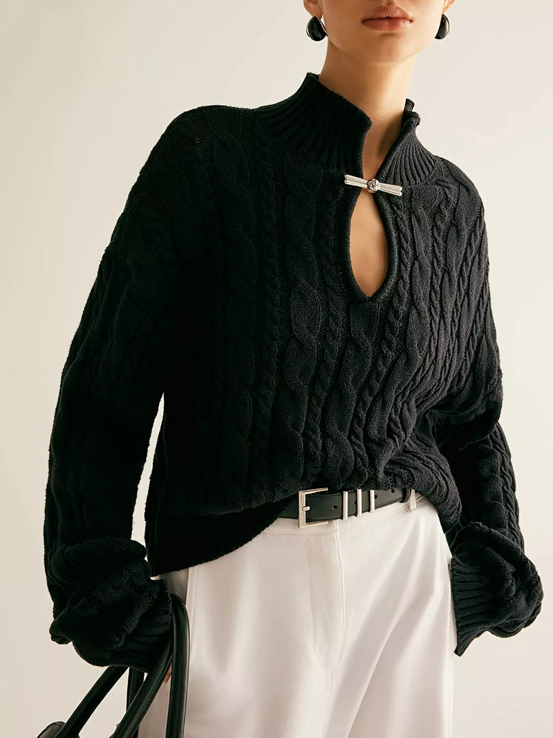 Black keyhole cable knit sweater front view