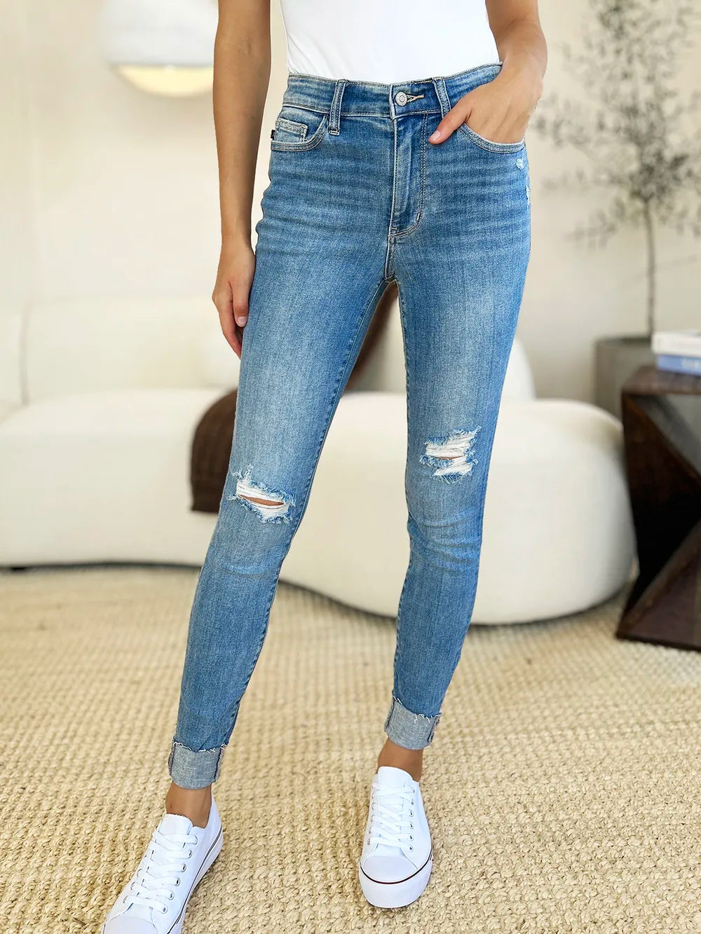 Judy Blue Mid Rise Distressed and Cuff Skinny Jeans close up