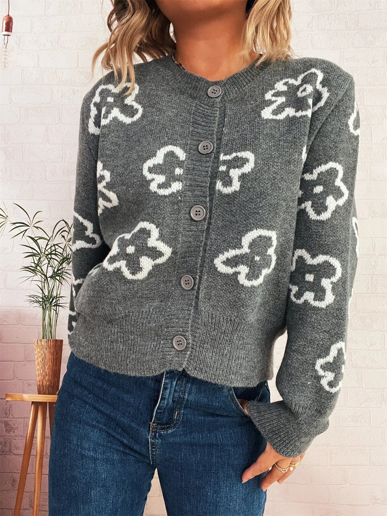 Floral Pattern Button-Up Cardigan - Fashorio