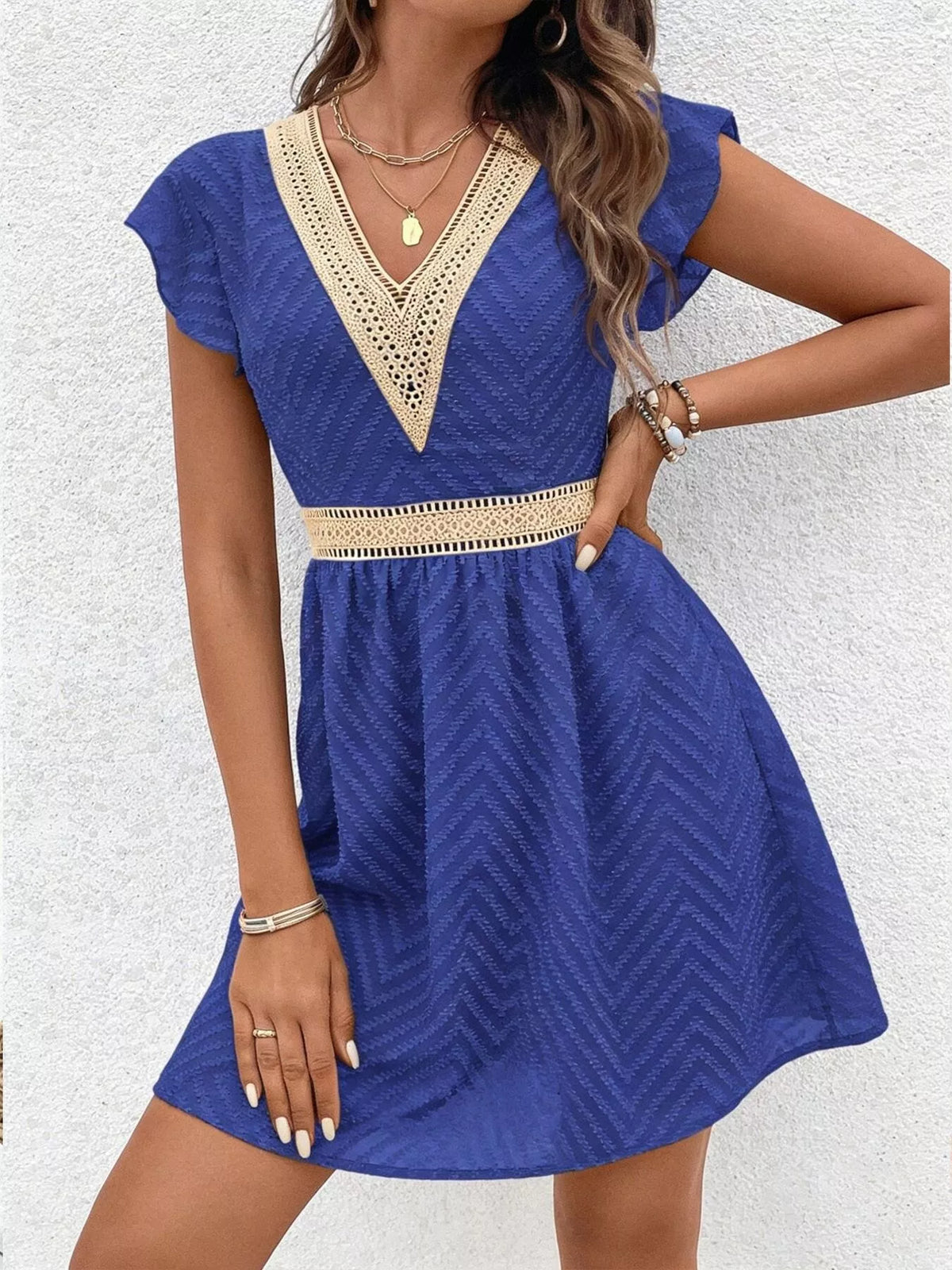 V neck ruffle sleeve mini dress, full length view