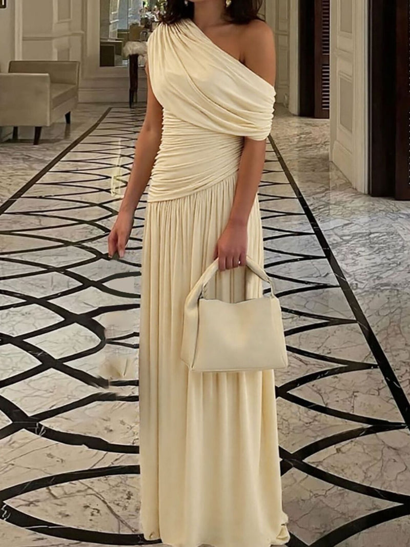 Beige one shoulder ruched maxi dress front view