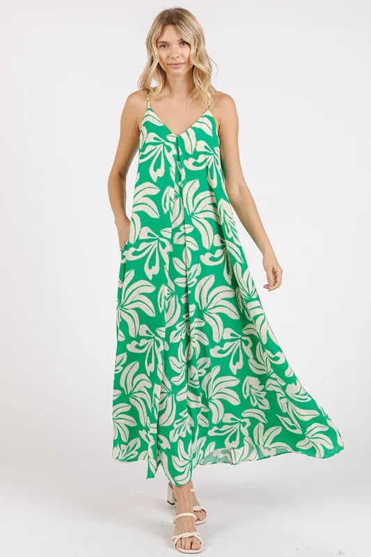 Printed V neck maxi cami dress with pockets front view