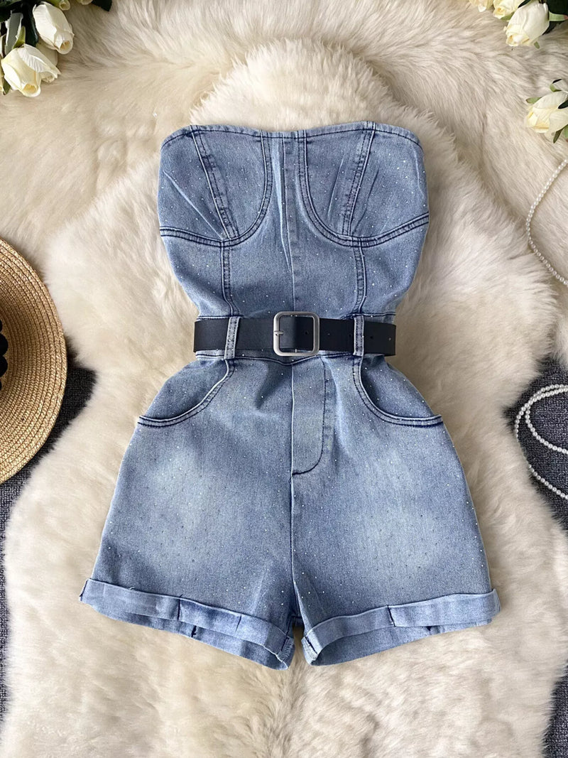 Blue strapless denim romper with diamante detail front view