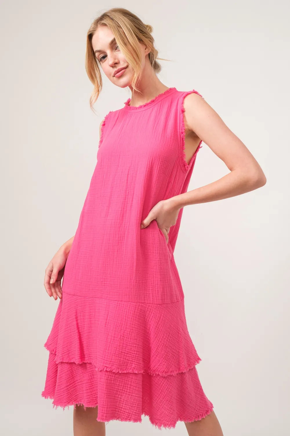 Washed Fringe Detail Tiered Dress back view