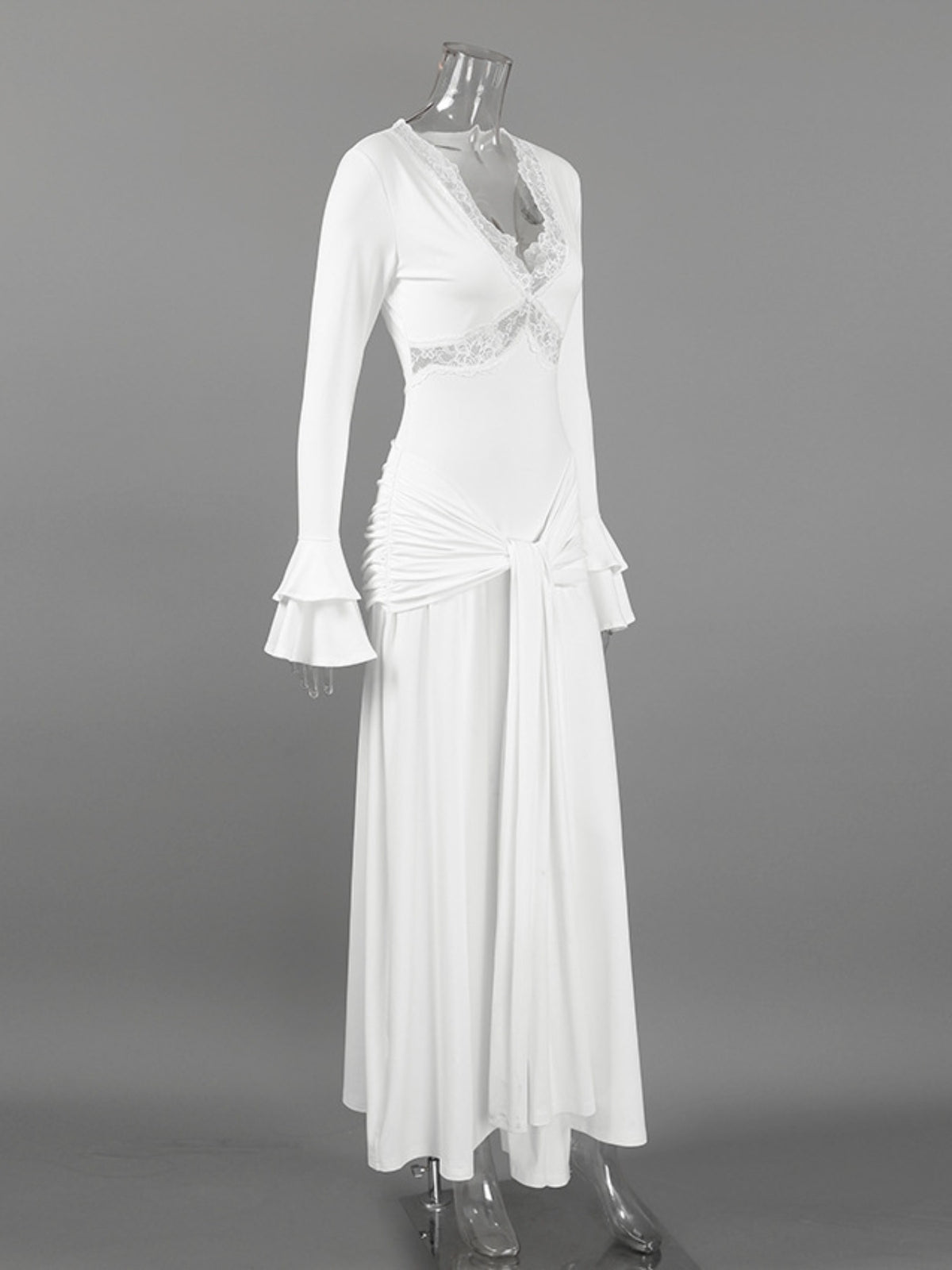 white lace trim long sleeve maxi dress fabric detail