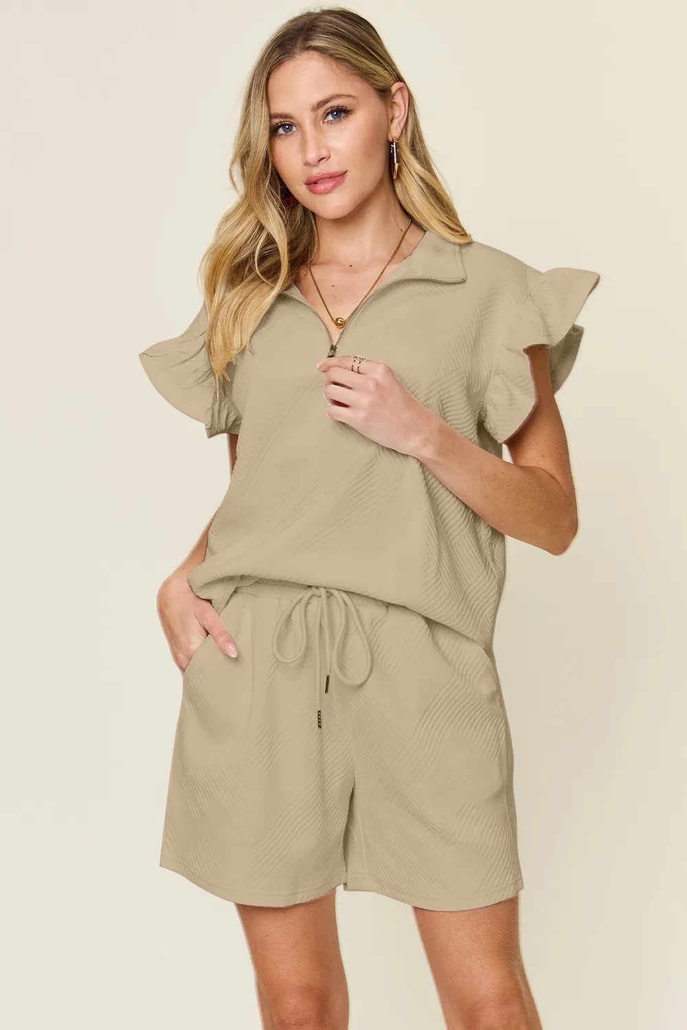 Flounce Sleeve Top and Drawstring Shorts Set, view 32