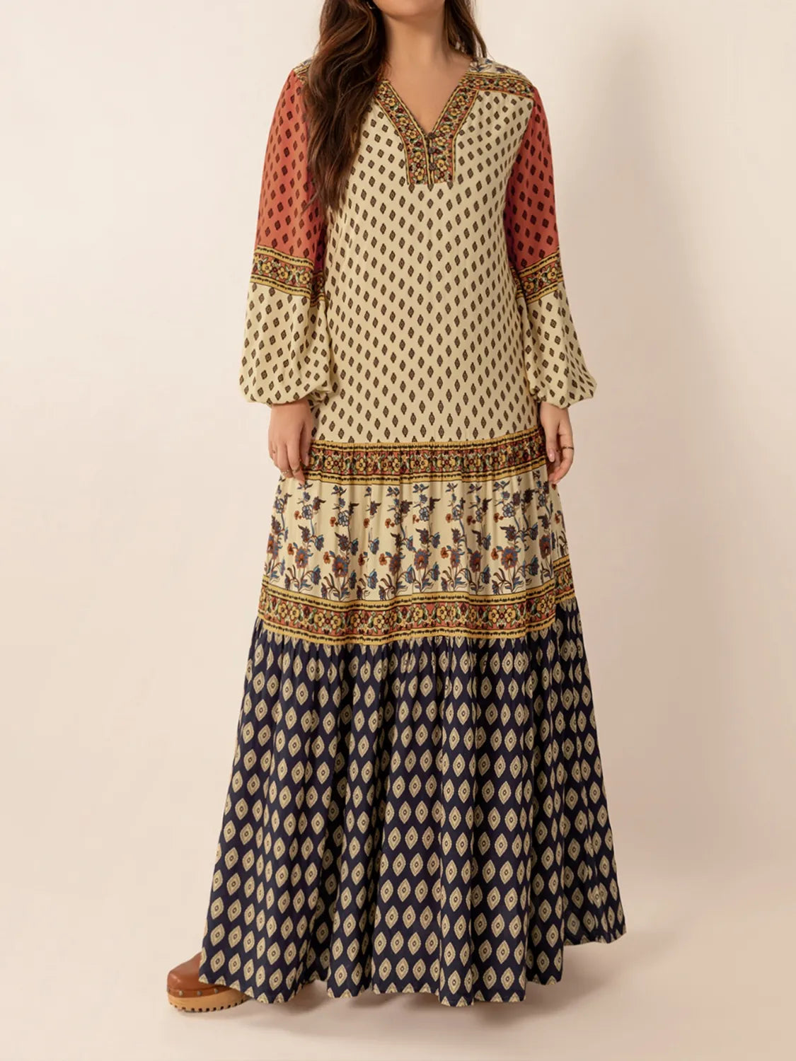 Printed V neck balloon sleeve maxi dress in khaki detail view