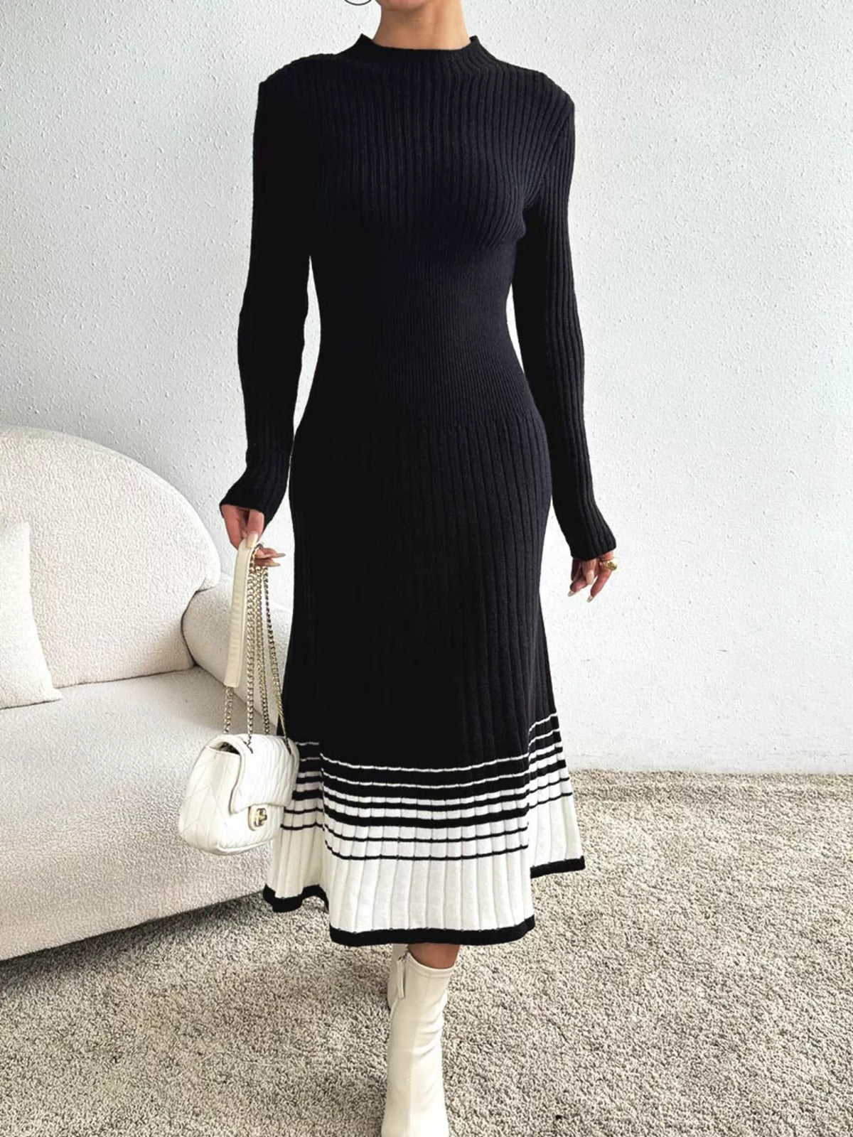 Ribbed knit sweater dress styled outfit look