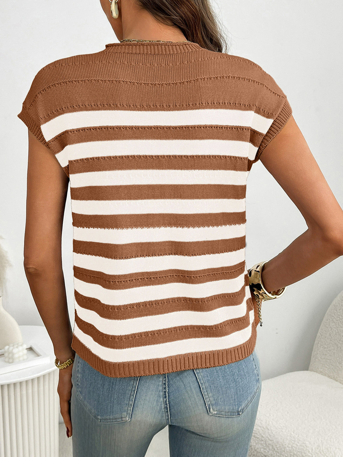 Striped knit sweater pocket close up view