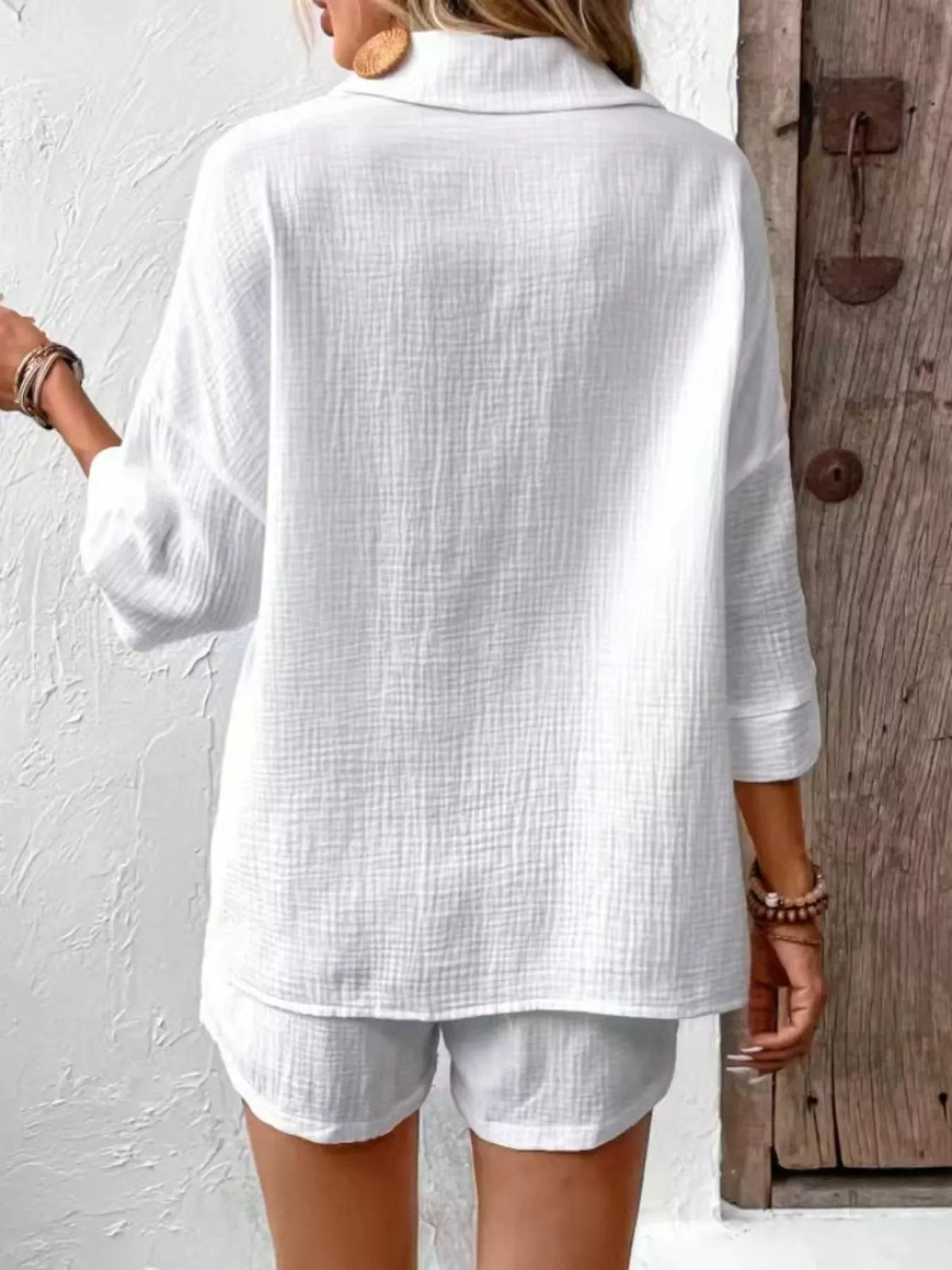 Button detail two piece shorts set styled look