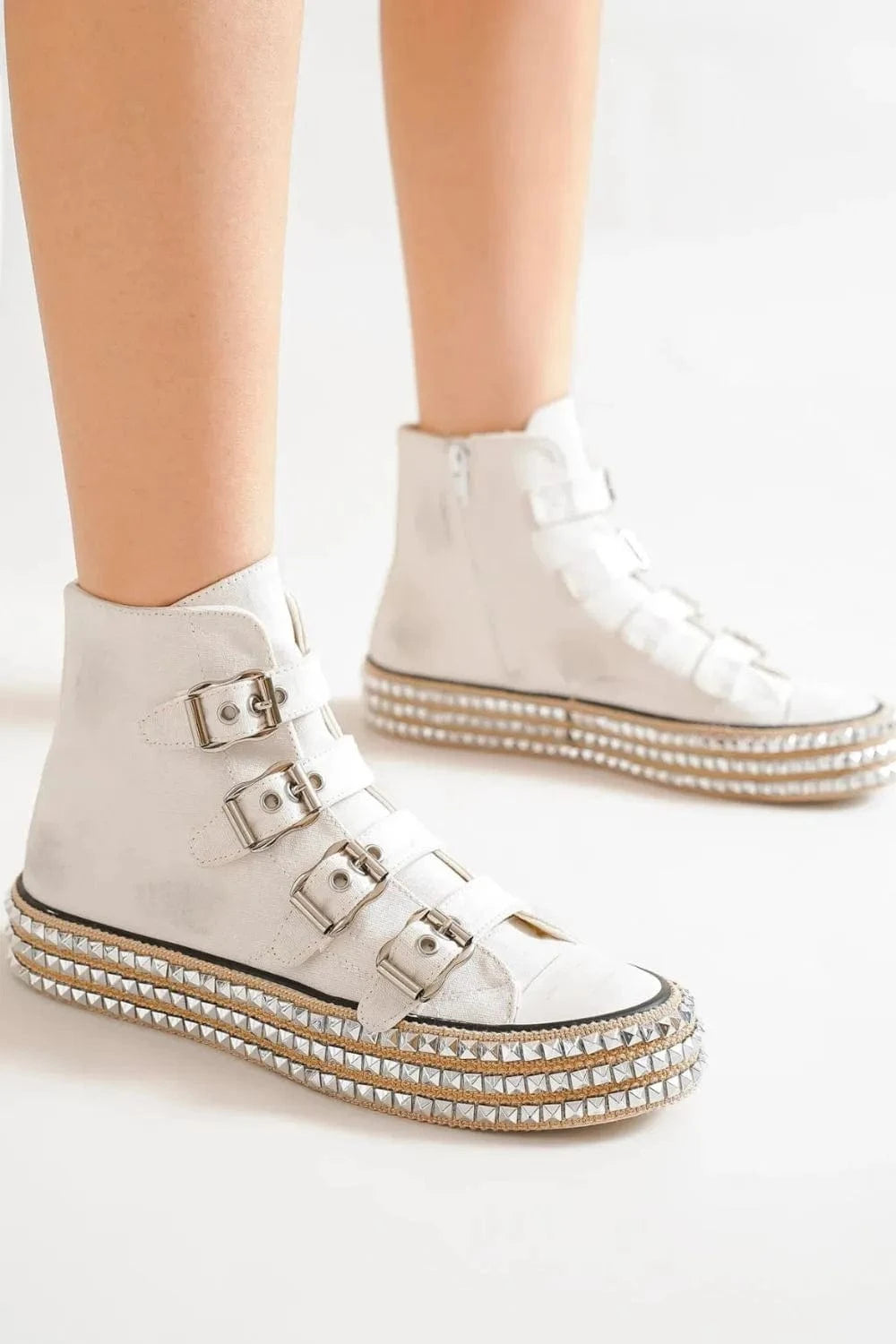 Beast Fashion Sneakers White / 5.5 Beast Fashion Multi-Buckle Straps Studded Platform Sneakers