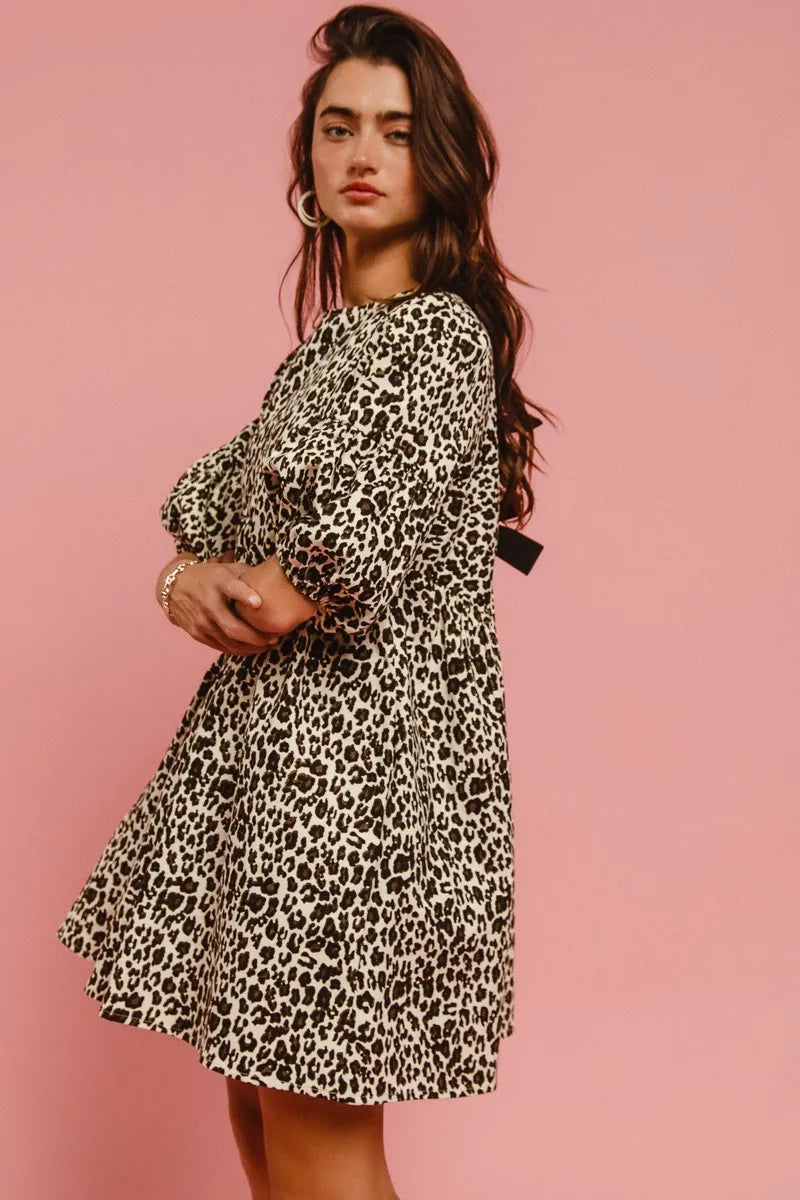 BiBi Leopard Denim Dress With Back Contrast Tie Detail - Fashorio
