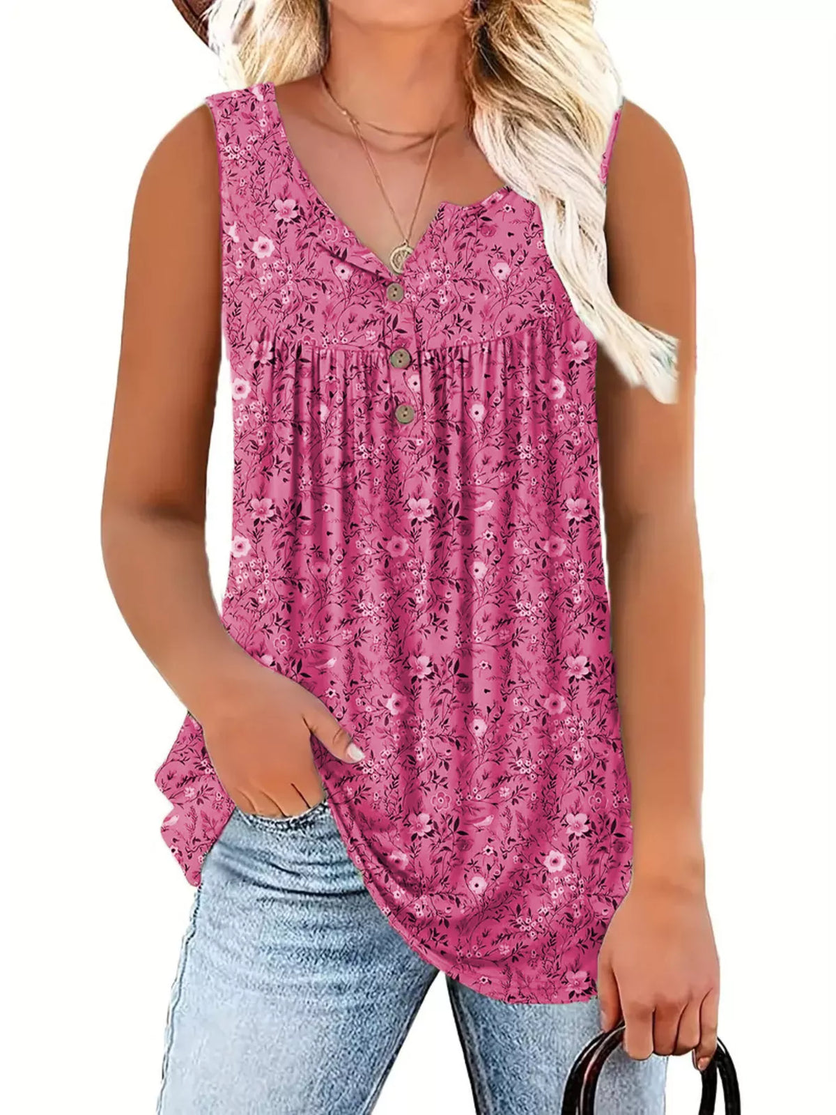 Floral print button detail tank top full styling view