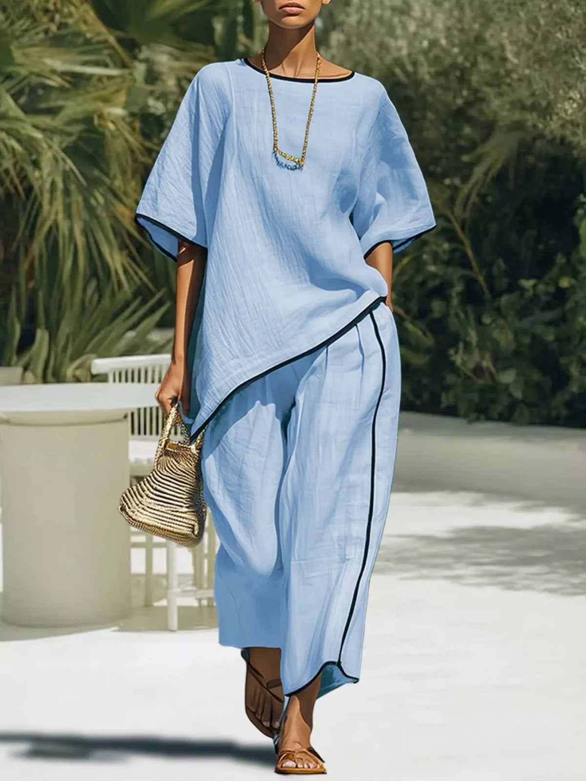 Coordinated round neck pants set full outfit